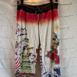 Lucky Brand Pink, White & Brown Graphic Cropped Jumpsuit Pants